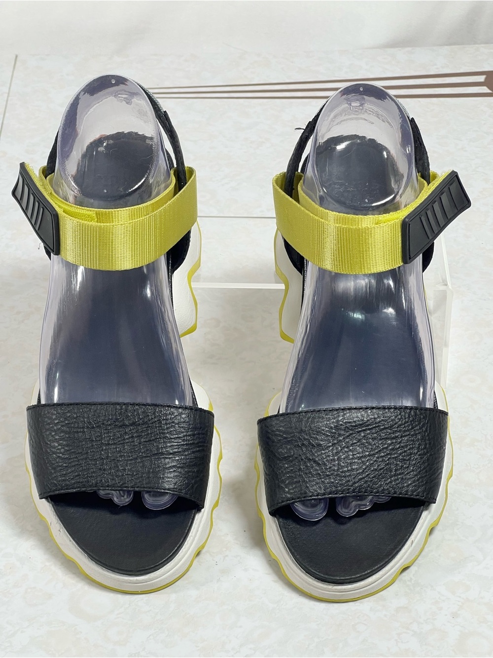 SOREL Sandals Blk Yellow White Kinetic Impact Platform Wedge Open Toe Size 7.5